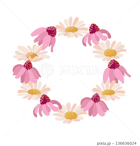 Flat Botanical Wreath. Daisy and Echinacea Minimalist Circle Flat Botanical Wreath. Daisy and Echinacea Minimalist Circle 136636024