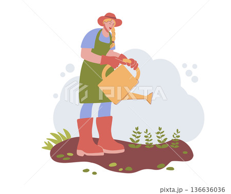 Girl Watering Plants with Watering Can Girl Watering Plants with Watering Can 136636036