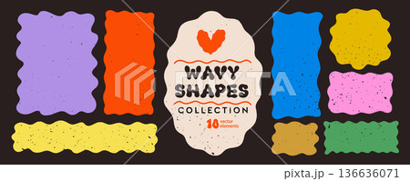 Colorful wavy shape rectangle frame set with organic square, zigzag doodle text box elements on dark brown background. Playful curvy frames in purple, orange, blue, yellow and green. Colorful wavy shape rectangle frame set with organic square, zigzag doodle text box elements on dark brown background. Playful curvy frames in purple, orange, blue, yellow and green. 136636071