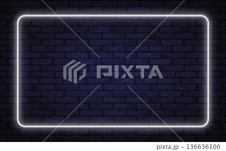 Glowing white neon frame on a dark brick wall creates a modern futuristic atmosphere. Perfect for digital ads, posters, or stylish presentations. Glowing white neon frame on a dark brick wall creates a modern futuristic atmosphere. Perfect for digital ads, posters, or stylish presentations. 136636100
