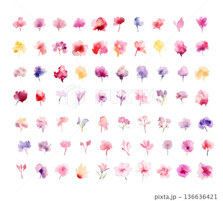 A large set of simple watercolor flowers. Hand drawn. Not AI, vector illustration. A large set of simple watercolor flowers. Hand drawn. Not AI, vector illustration. 136636421