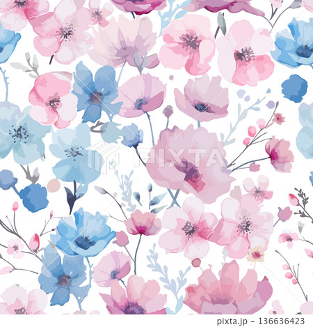 Seamless background with pink and blue watercolor delicate flowers. Hand drawn. Not AI, vector illustration. 136636423