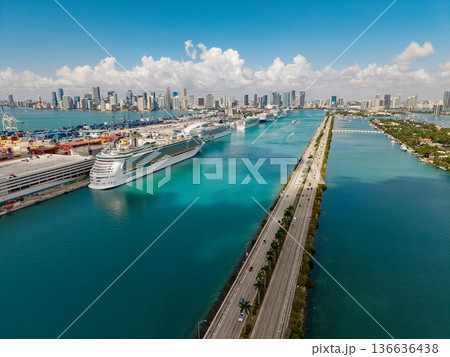 Miami, Florida, USA - March 31, 2025: Norwegian Pearl and Independence of seas cruise ship. Miami port and MacArthur Causeway. Cruise vacation. Royal Caribbean international. Norwegian cruise line 136636438
