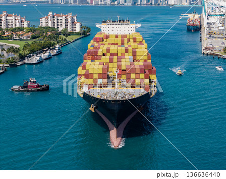 Aerial cargo ship with container. Cargo business. Container ship. Shipping logistics. Commercial shipping. Cargo ship in sea, aerial view. Freight container loaded on cargo vessel. Ship route Aerial cargo ship with container. Cargo business. Container ship. Shipping logistics. Commercial shipping. Cargo ship in sea, aerial view. Freight container loaded on cargo vessel. Ship route 136636440