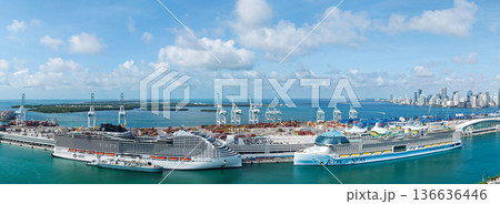 Miami, Florida, USA - May 17, 2025: MSC cruises and Royal Caribbean International cruise line. Cruise ship panorama. Ship in Miami port. MSC World America and Icon of the seas cruise ship voyage Miami, Florida, USA - May 17, 2025: MSC cruises and Royal Caribbean International cruise line. Cruise ship panorama. Ship in Miami port. MSC World America and Icon of the seas cruise ship voyage 136636446