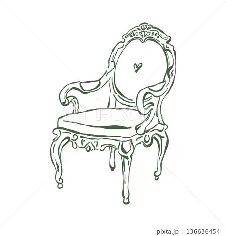 Classic vintage armchair. Carved wooden chair. Romantic interior. Baroque and Rococo styles. Classic upholstered furniture. Green vector outline clipart. Retro hand-drawn illustration. Classic vintage armchair. Carved wooden chair. Romantic interior. Baroque and Rococo styles. Classic upholstered furniture. Green vector outline clipart. Retro hand-drawn illustration. 136636454