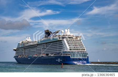 Miami, Florida, USA - July 27, 2025: Cruise in summer vacation. Celebrity Cruises cruise line. Cruise ship tour. Travel by sea. Ship leaving sea port. Celebrity Beyond cruise ship voyage Miami, Florida, USA - July 27, 2025: Cruise in summer vacation. Celebrity Cruises cruise line. Cruise ship tour. Travel by sea. Ship leaving sea port. Celebrity Beyond cruise ship voyage 136636465