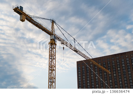 Construction site with building crane. Industrial zone. Building and construction. Hoisting crane. Construction at building site with crane. Construction crane at building area 136636474