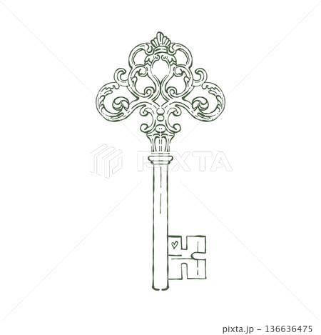 Hand-drawn line illustration of an ornate vintage key. A romantic, classic outline design for Valentines Day, weddings, and love themes in the Rococo and Baroque styles. Vector outline illustration in 136636475