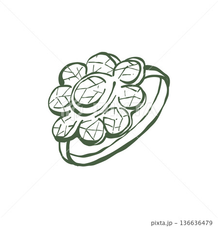 Vector icon of an antique vintage womens ring. Antique ring with precious stones. Green vector illustration of a ring in doodle style. 136636479