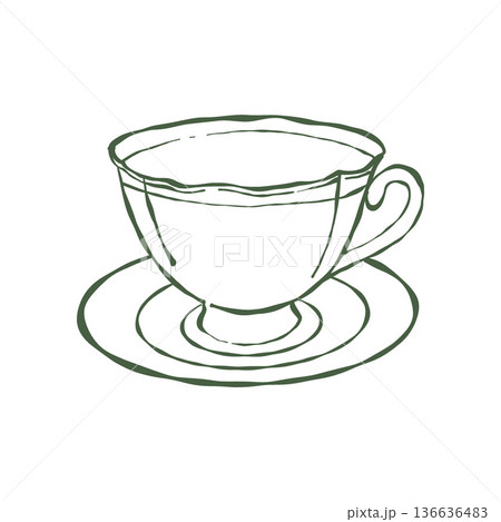 Line art illustration of a classic, elegant tea set. Vintage, whimsical drawing of a cup and saucer. Vector graphics. Vector outline clipart in green Line art illustration of a classic, elegant tea set. Vintage, whimsical drawing of a cup and saucer. Vector graphics. Vector outline clipart in green 136636483