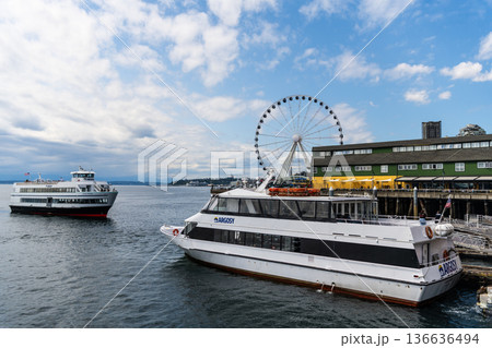 Seattle, Washington, USA - July 26, 2024: Salish explorer passenger cruise ship ferry. Ship voyage. Cruise summer vacation. Cruise ship tour. Travel at sea. Ship in port. Argosy cruises boat tour 136636494