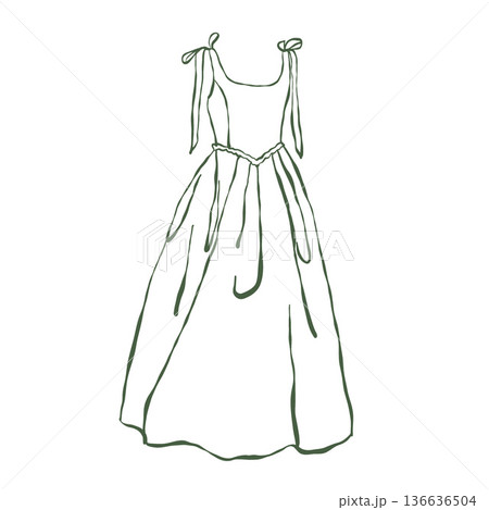 Illustration of a vintage dress on a hanger in green. Outline clipart of long retro dress in doodle style. Vector illustration. Summer wedding accessories in the Rococo and Baroque styles Illustration of a vintage dress on a hanger in green. Outline clipart of long retro dress in doodle style. Vector illustration. Summer wedding accessories in the Rococo and Baroque styles 136636504