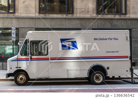 Chicago, Illinois, USA - October 08, 2024: USPS mail delivery truck. USP lorry postal service. Delivery truck courier company. Postal company USPS mail delivery truck Chicago, Illinois, USA - October 08, 2024: USPS mail delivery truck. USP lorry postal service. Delivery truck courier company. Postal company USPS mail delivery truck 136636542