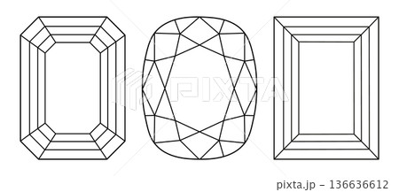 Diamond Emerald, Cushion, Baguette cut shape set. Diamonds top view. Gemstone outline icons for jewellery design, branding, packaging, logo. Emerald, Cushion, Baguette brilliant cut simple patterns. Diamond Emerald, Cushion, Baguette cut shape set. Diamonds top view. Gemstone outline icons for jewellery design, branding, packaging, logo. Emerald, Cushion, Baguette brilliant cut simple patterns. 136636612