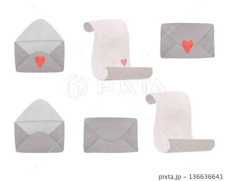 Envelope, letter paper with a heart. Letter, message. Watercolor, pastel. Illustration in a simple flat style in light colors. Set of design elements for printing, prints, products, printed materials 136636641