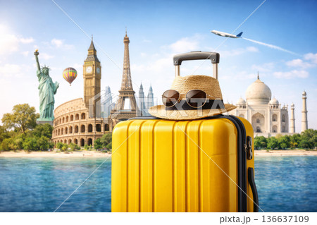 World sights collage for vacation planning with bright yellow bag, sunglasses and airplane flying in blue sky. 136637109
