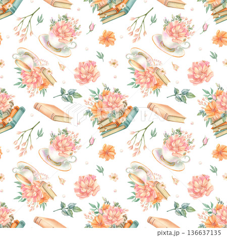 Vintage seamless pattern with Elegant flowers and stack of books. Watercolor spring peonies in cup, floral bunch, freesia, old literature background. Hand painted isolated blossom illustration Vintage seamless pattern with Elegant flowers and stack of books. Watercolor spring peonies in cup, floral bunch, freesia, old literature background. Hand painted isolated blossom illustration 136637135