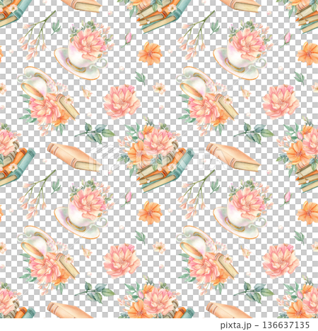 Vintage seamless pattern with Elegant flowers and stack of books. Watercolor spring peonies in cup, floral bunch, freesia, old literature background. Hand painted isolated blossom illustration Vintage seamless pattern with Elegant flowers and stack of books. Watercolor spring peonies in cup, floral bunch, freesia, old literature background. Hand painted isolated blossom illustration 136637135