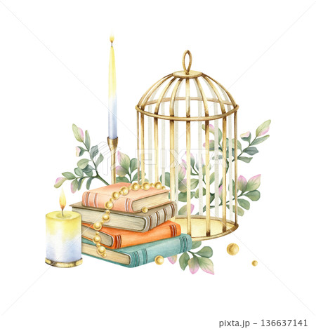 Vintage composition with old stack of book, burning candle, gold birdcage and leaves. Aesthetic elegant retro watercolor illustration isolated from background. Cozy still life for card, your design Vintage composition with old stack of book, burning candle, gold birdcage and leaves. Aesthetic elegant retro watercolor illustration isolated from background. Cozy still life for card, your design 136637141