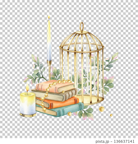 Vintage composition with old stack of book, burning candle, gold birdcage and leaves. Aesthetic elegant retro watercolor illustration isolated from background. Cozy still life for card, your design 136637141
