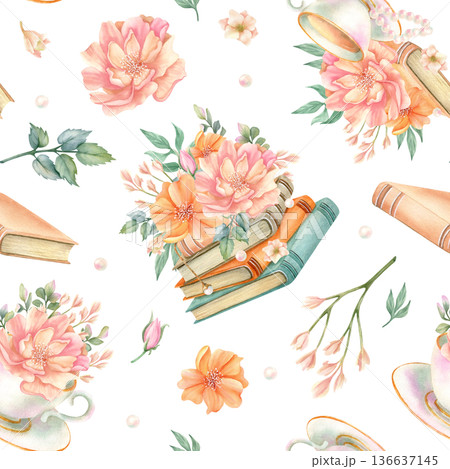Spring vintage seamless pattern. Elegant flowers on stack of books, peonies in cup, floral bunch, freesia and old literature background. Hand painted isolated watercolor botanical illustration Spring vintage seamless pattern. Elegant flowers on stack of books, peonies in cup, floral bunch, freesia and old literature background. Hand painted isolated watercolor botanical illustration 136637145