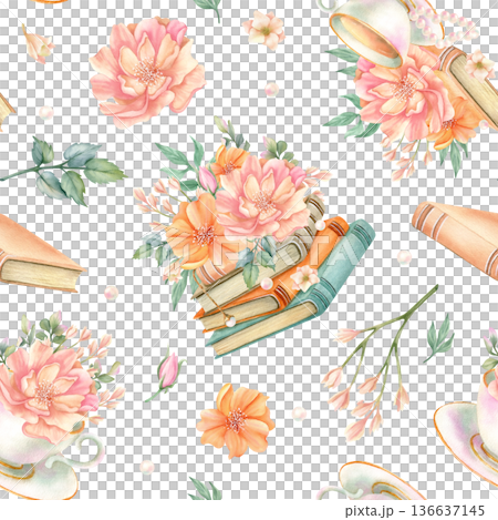 Spring vintage seamless pattern. Elegant flowers on stack of books, peonies in cup, floral bunch, freesia and old literature background. Hand painted isolated watercolor botanical illustration Spring vintage seamless pattern. Elegant flowers on stack of books, peonies in cup, floral bunch, freesia and old literature background. Hand painted isolated watercolor botanical illustration 136637145