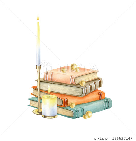 Vintage still life with stack of old hardcover books, burning wax candles. Antique library concept for education. Watercolor cozy retro aesthetic for book lovers, storytelling, and history lovers Vintage still life with stack of old hardcover books, burning wax candles. Antique library concept for education. Watercolor cozy retro aesthetic for book lovers, storytelling, and history lovers 136637147