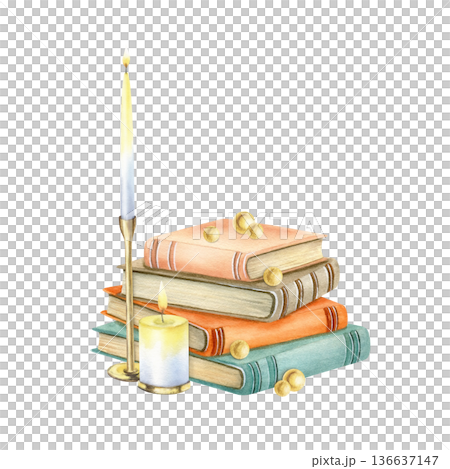Vintage still life with stack of old hardcover books, burning wax candles. Antique library concept for education. Watercolor cozy retro aesthetic for book lovers, storytelling, and history lovers Vintage still life with stack of old hardcover books, burning wax candles. Antique library concept for education. Watercolor cozy retro aesthetic for book lovers, storytelling, and history lovers 136637147