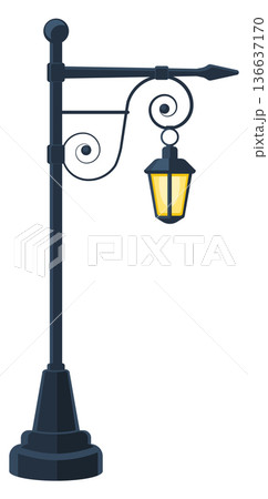 Urban lamp. Metal ornate pole with electric light 136637170