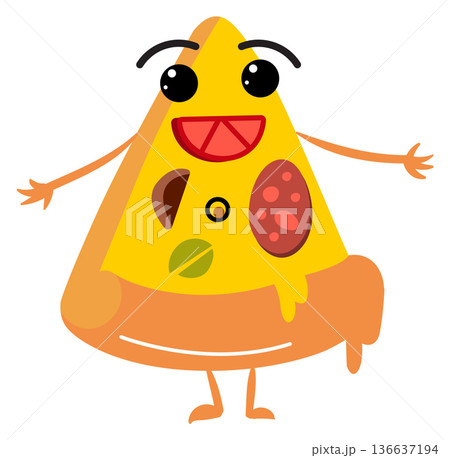 Happy pizza slice cartoon mascot. Food character Happy pizza slice cartoon mascot. Food character 136637194