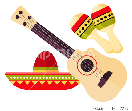 Mexican music logo. Cartoon guitar and maracas with sombrero hat Mexican music logo. Cartoon guitar and maracas with sombrero hat 136637257