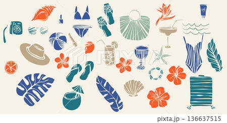 Hand drawn summer vacation elements including tropical flowers, leaves, drinks, shells, spf, swimwear, suitcase, hat. line art style. Suitable for posters, packaging, web stickers Hand drawn summer vacation elements including tropical flowers, leaves, drinks, shells, spf, swimwear, suitcase, hat. line art style. Suitable for posters, packaging, web stickers 136637515