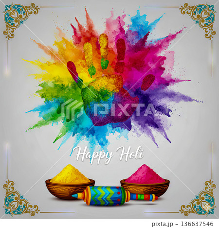 Colorful Holi Handprint with Powder Splatter and Traditional Bowls on Grey Background 136637546