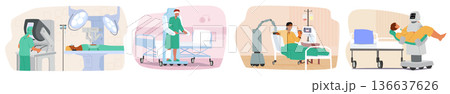 Smart healthcare automation, futuristic hospital equipment and robots in medicine cartoon scene set 136637626