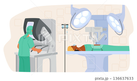Doctor performing precision surgery with robotic surgical system in operating room cartoon scene 136637633