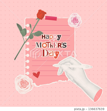 Happy Mothers Day greeting card with hand writing on paper note and red rose 136637639