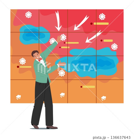 Professional anchor presenting live weather report with forecast map and cyclone path scene 136637643