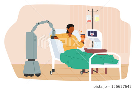 Smart robots monitoring health and providing assistance to patient in clinics cartoon scene 136637645