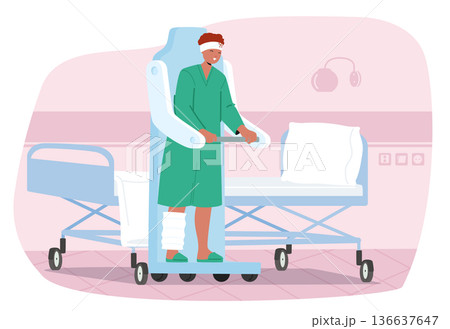 Advanced healthcare technology cartoon scene with patient using wearable robotic exoskeleton to walk Advanced healthcare technology cartoon scene with patient using wearable robotic exoskeleton to walk 136637647
