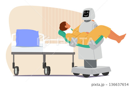 AI robot providing medical assistance to patient with cervical vertebrae fracture cartoon scene 136637654
