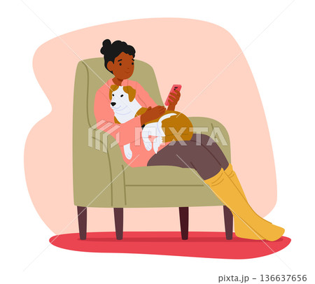Young woman character surfing internet via smartphone while sitting on armchair with dog in hugs 136637656