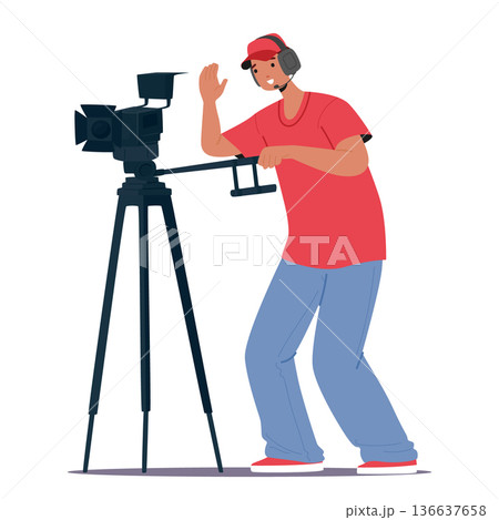 Professional cameraman character filming with video camera on tripod isolated on white background Professional cameraman character filming with video camera on tripod isolated on white background 136637658
