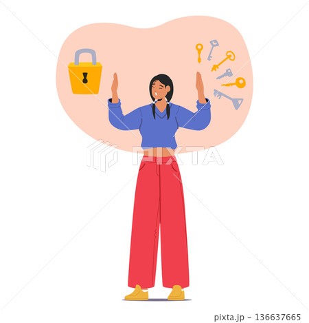 Woman character representing intuitive mindset type choosing keys for lock cartoon metaphor Woman character representing intuitive mindset type choosing keys for lock cartoon metaphor 136637665