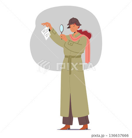 Woman character wearing detective uniform with magnifying glass representing critical mindset type 136637666