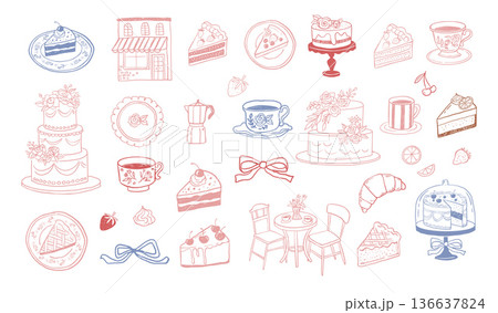 Retro pastry shop and bakery icons, logos and labels set. Vintage illustrations of cakes, coffee Retro pastry shop and bakery icons, logos and labels set. Vintage illustrations of cakes, coffee 136637824