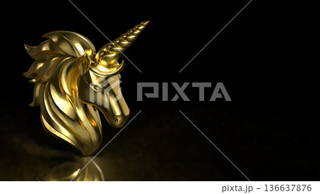 Golden Unicorn Symbol Of Vision And Exclusive Power 3d render. Golden Unicorn Symbol Of Vision And Exclusive Power 3d render. 136637876