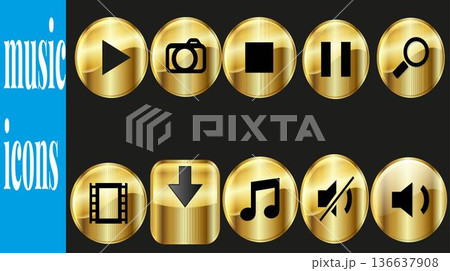 A sleek collection of polished golden digital media player control icons, featuring play, pause, stop, volume, camera, download, and search symbols, perfect for a modern user	 136637908