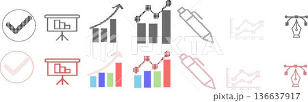Set of vector business and design icons rendered in a pixel or dot matrix style, including chart, checkmark, pen tool, and pencil for technology concepts Set of vector business and design icons rendered in a pixel or dot matrix style, including chart, checkmark, pen tool, and pencil for technology concepts 136637917