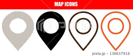 Versatile collection of map pin icons including solid black silhouette, thin line art, orange stroke, and unique halftone dot patterns for professional navigation app design, travel geography, and loc Versatile collection of map pin icons including solid black silhouette, thin line art, orange stroke, and unique halftone dot patterns for professional navigation app design, travel geography, and loc 136637918